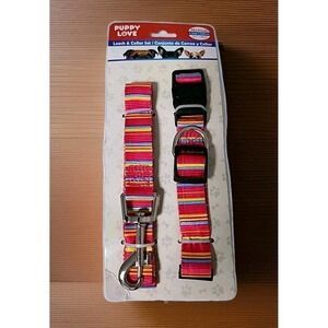 New PUPPY LOVE Dog 19" Collar & 4 Ft Leash Set Medium Adjusts Nylon Pink Stripe